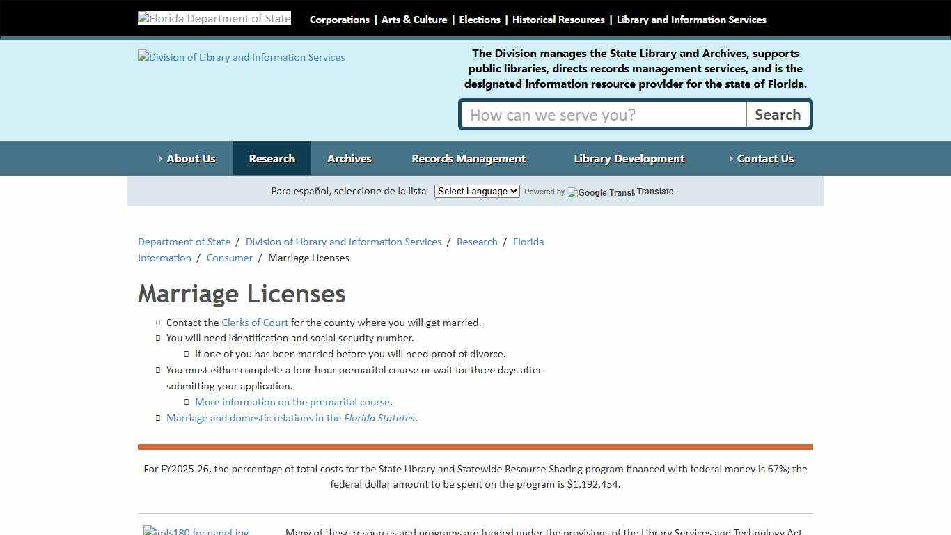 Marriage Licenses - Division of Library and Information Services - Florida Department of State